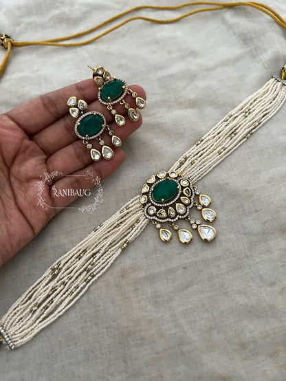 Mishita Vintage Style Mossainite Polki Victorian Finish Pearl Strand Choker Necklace Set By Ranibaug