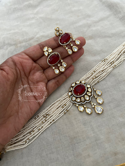 Mishita Vintage Style Mossainite Polki Victorian Finish Pearl Strand Choker Necklace Set By Ranibaug