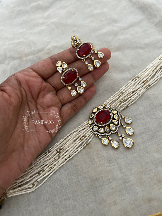 Mishita Vintage Style Mossainite Polki Victorian Finish Pearl Strand Choker Necklace Set By Ranibaug