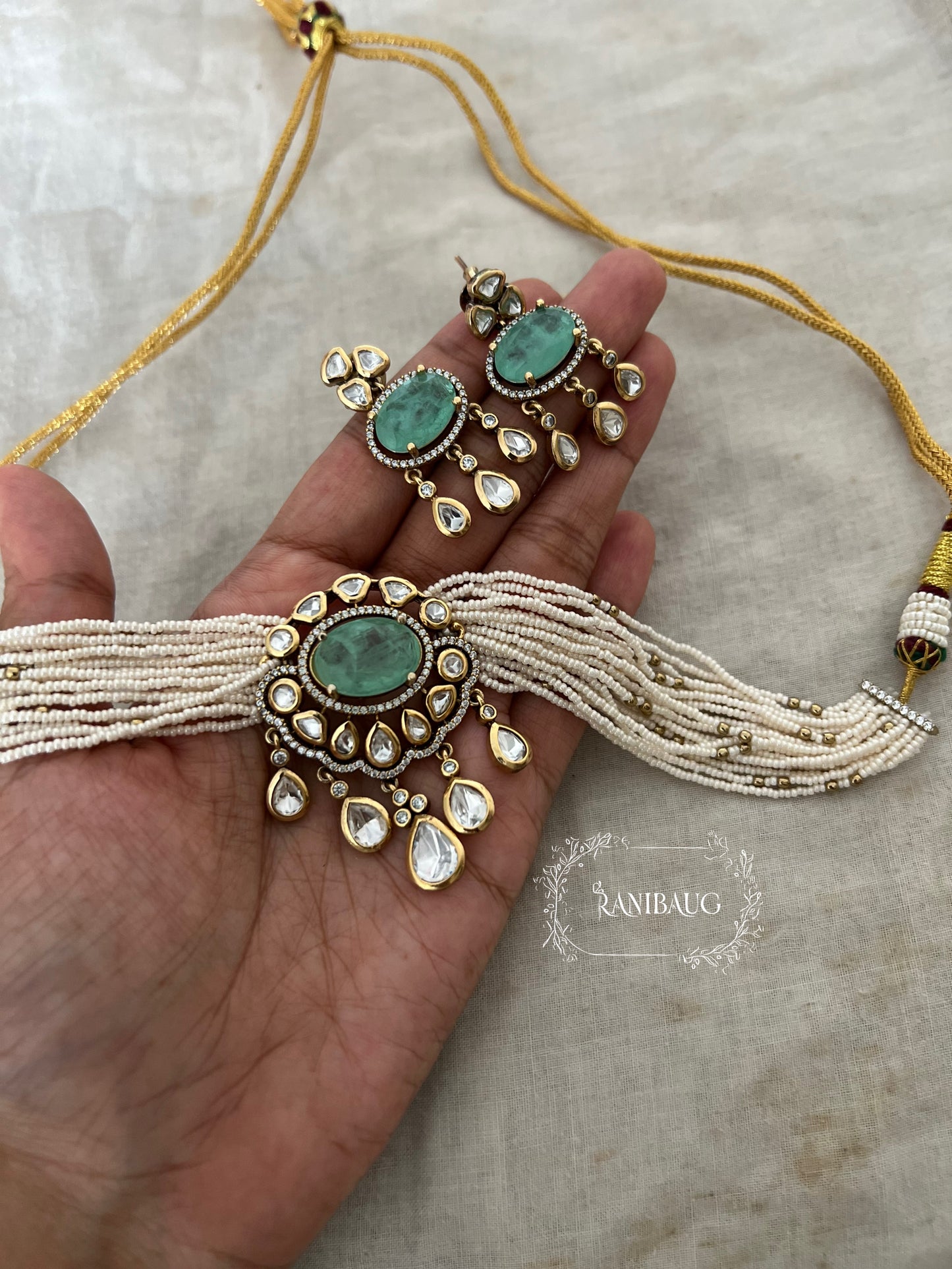 Mishita Vintage Style Mossainite Polki Victorian Finish Pearl Strand Choker Necklace Set By Ranibaug