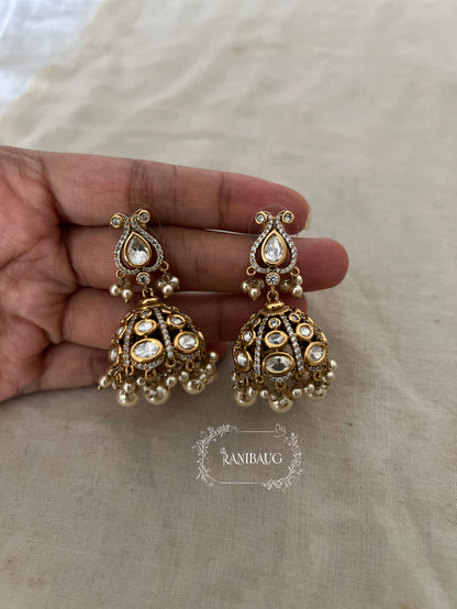 Mishka Polki Studded Gold Finish Pearls Adorned Festive Jhumka Earrings By Ranibaug
