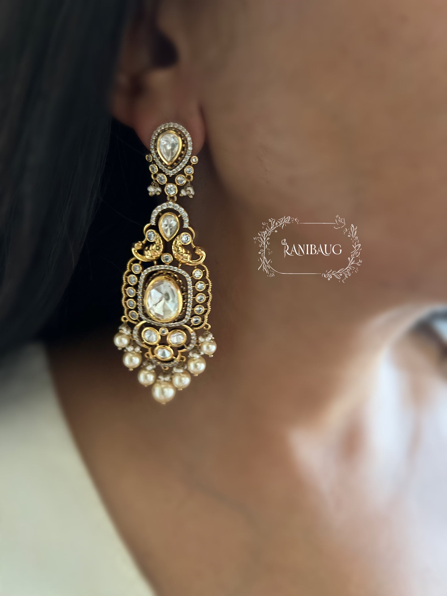 Mishka Rich Gold Tone Peacock Designer Polki And Pearl Dangle Royal Earrings Jewellery By Ranibaug