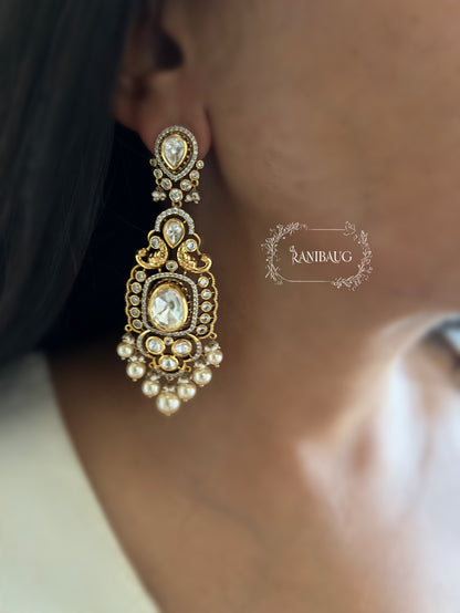 Mishka Rich Gold Tone Peacock Designer Polki And Pearl Dangle Royal Earrings Jewellery By Ranibaug