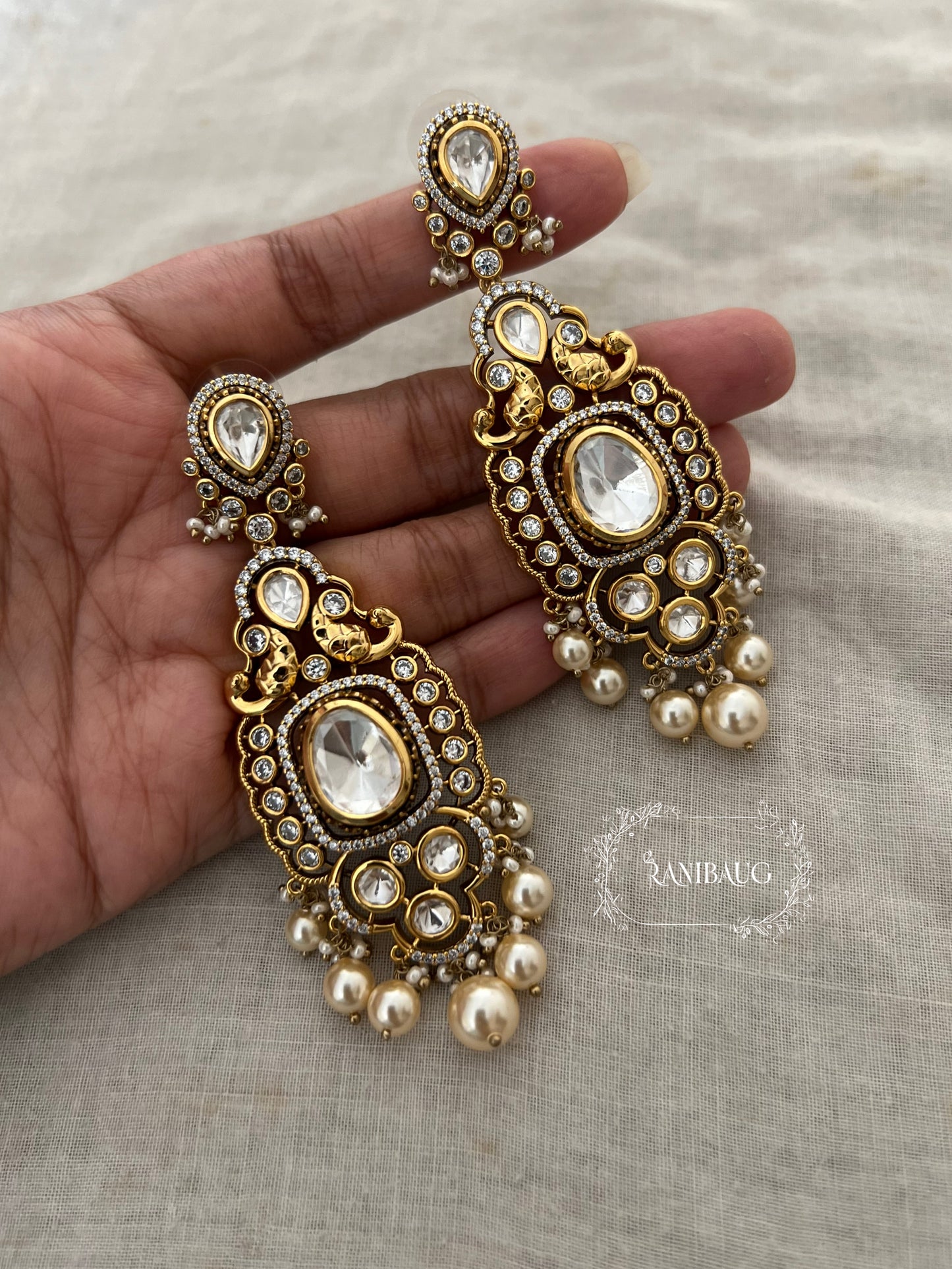 Mishka Rich Gold Tone Peacock Designer Polki And Pearl Dangle Royal Earrings Jewellery By Ranibaug