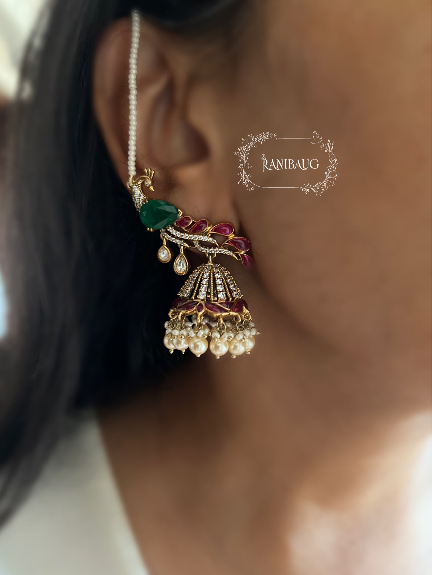 Mishka Royal Peacock Polki Pearl Adorned Necklace Jewellery Set with Ear Chain By Ranibaug