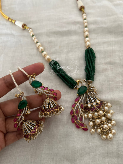 Mishka Royal Peacock Polki Pearl Adorned Necklace Jewellery Set with Ear Chain By Ranibaug