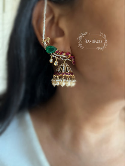 Mishka Royal Peacock Polki Pearl Adorned Necklace Jewellery Set with Ear Chain By Ranibaug