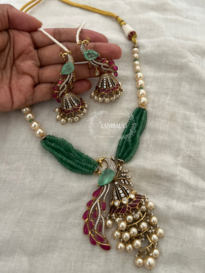 Mishka Royal Peacock Polki Pearl Adorned Necklace Jewellery Set with Ear Chain By Ranibaug