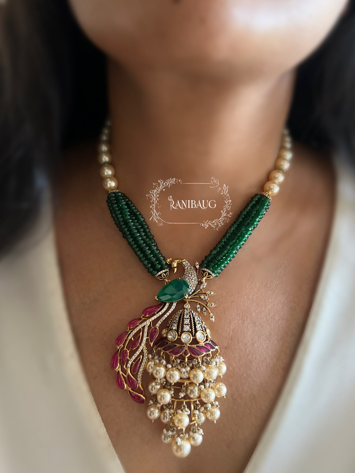 Mishka Royal Peacock Polki Pearl Adorned Necklace Jewellery Set with Ear Chain By Ranibaug