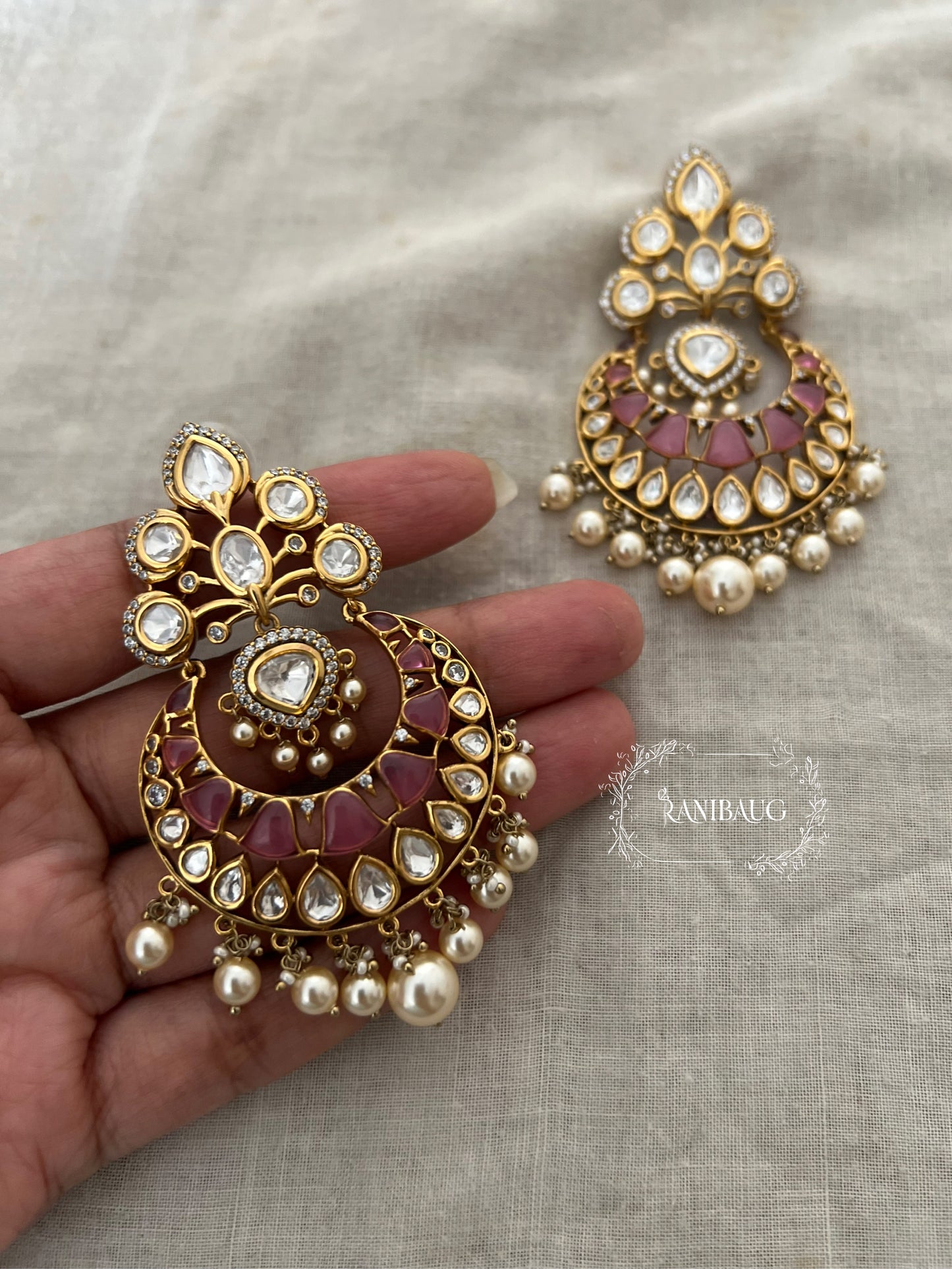 Mishri Gold Finish Mossainite Polki Pearl Adorned Chandbali Earrings By Ranibaug