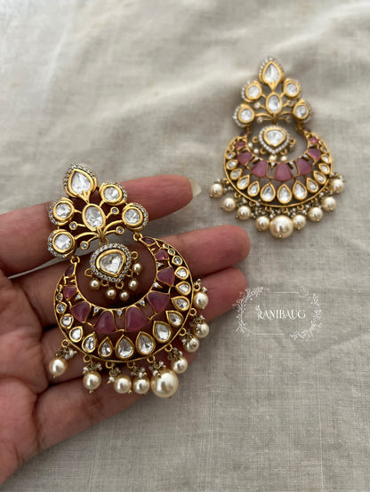 Mishri Gold Finish Mossainite Polki Pearl Adorned Chandbali Earrings By Ranibaug