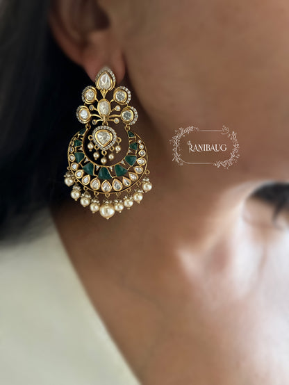 Mishri Gold Finish Mossainite Polki Pearl Adorned Chandbali Earrings By Ranibaug