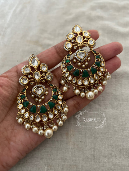 Mishri Gold Finish Mossainite Polki Pearl Adorned Chandbali Earrings By Ranibaug