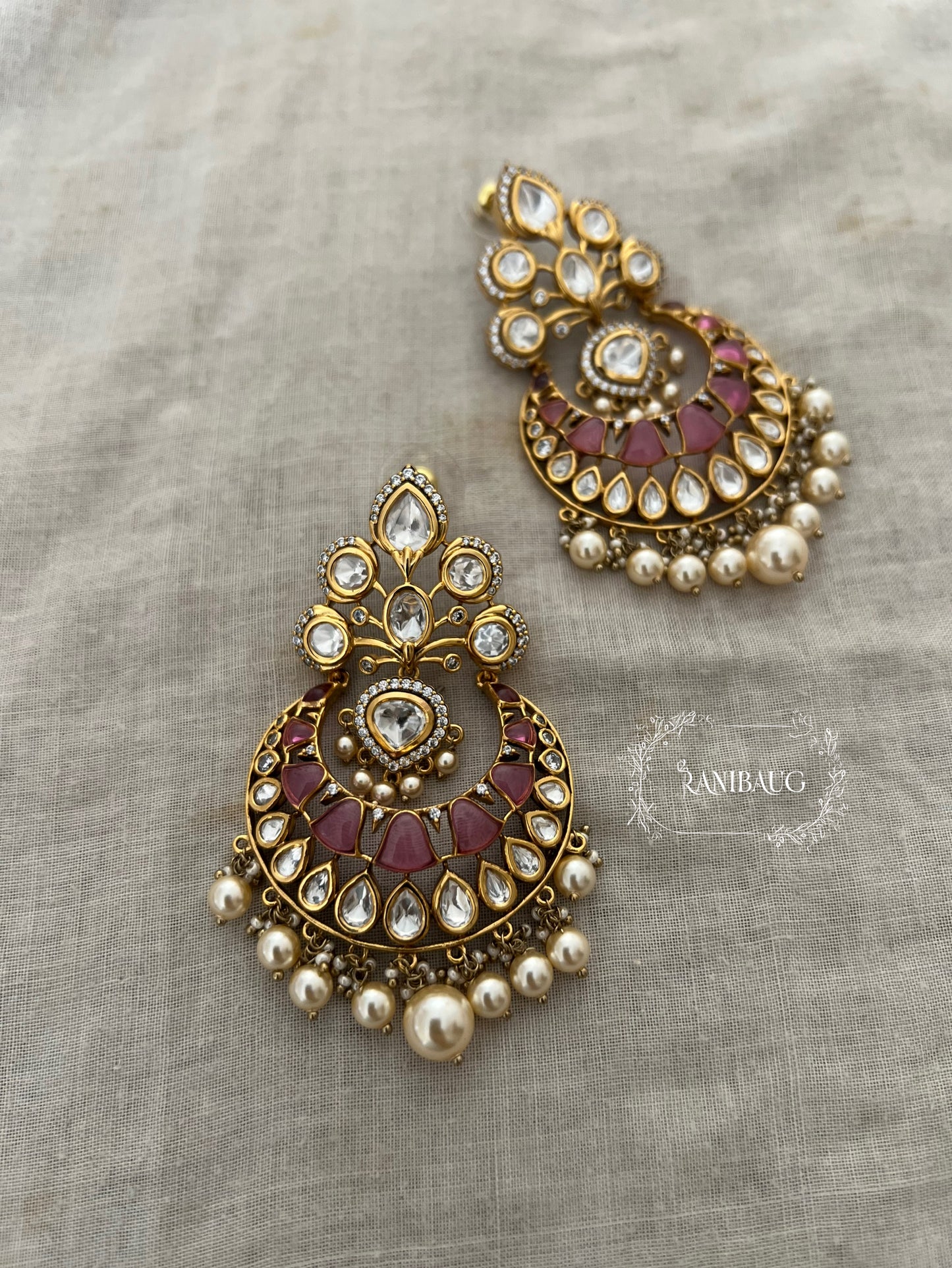 Mishri Gold Finish Mossainite Polki Pearl Adorned Chandbali Earrings By Ranibaug