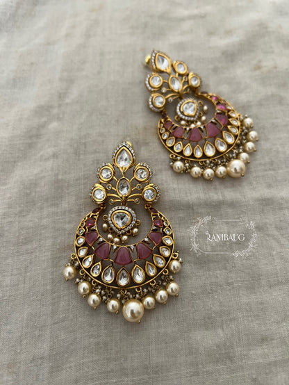 Mishri Gold Finish Mossainite Polki Pearl Adorned Chandbali Earrings By Ranibaug