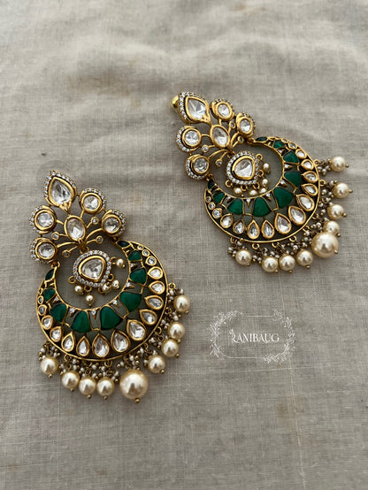 Mishri Gold Finish Mossainite Polki Pearl Adorned Chandbali Earrings By Ranibaug