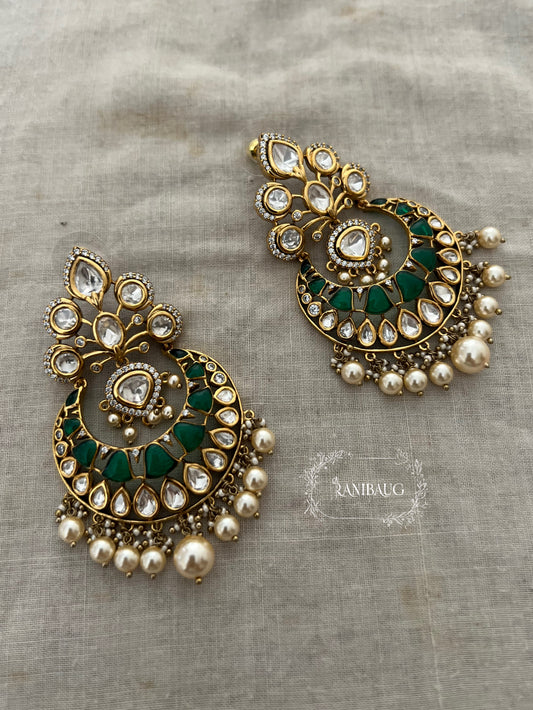 Mishri Gold Finish Mossainite Polki Pearl Adorned Chandbali Earrings By Ranibaug