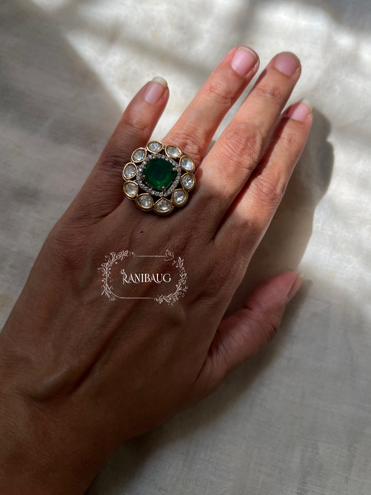 Mishti Floral Simple Emerald Green Gold Finish Polki Studded Medium Sized Ring By Ranibaug
