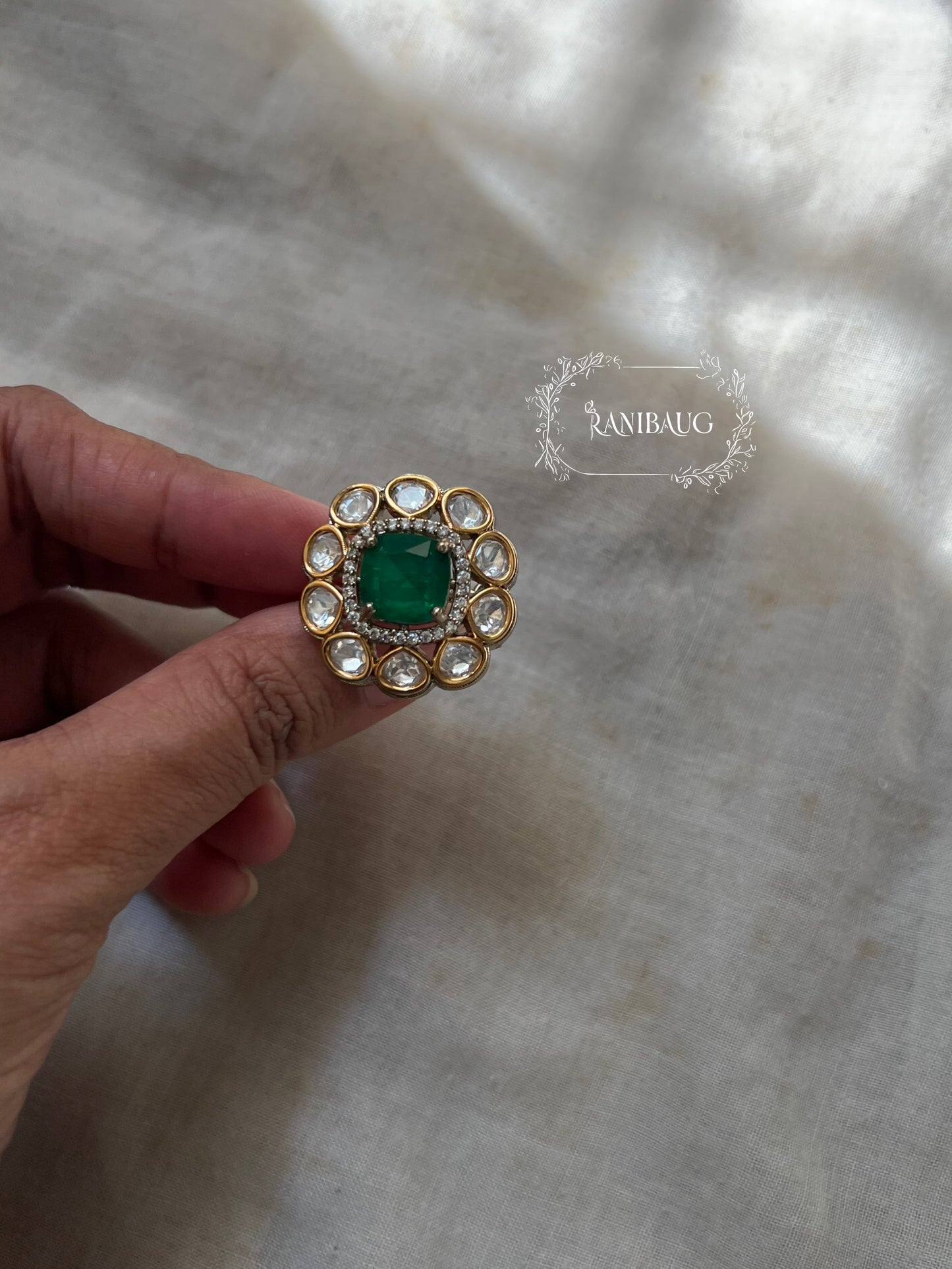 Mishti Floral Simple Emerald Green Gold Finish Polki Studded Medium Sized Ring By Ranibaug