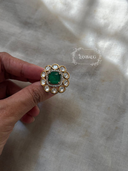 Mishti Floral Simple Emerald Green Gold Finish Polki Studded Medium Sized Ring By Ranibaug
