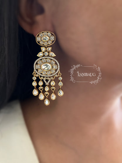 Mishti Polki Studded Gold Finish Floral Motif Teardrop Fall Chandbali Earrings By Ranibaug