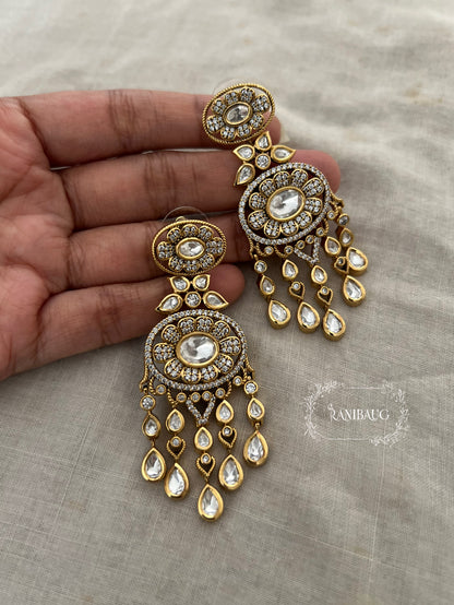 Mishti Polki Studded Gold Finish Floral Motif Teardrop Fall Chandbali Earrings By Ranibaug
