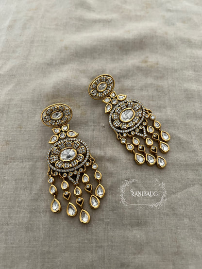 Mishti Polki Studded Gold Finish Floral Motif Teardrop Fall Chandbali Earrings By Ranibaug