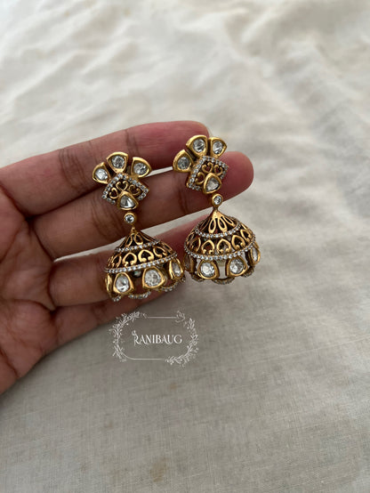 Mitali Minimal Gold Finish Polki Studded Jhumka Dangler Earrings By Ranibaug