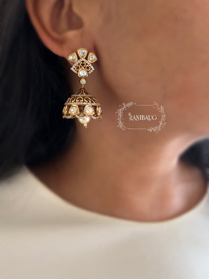Mitali Minimal Gold Finish Polki Studded Jhumka Dangler Earrings By Ranibaug