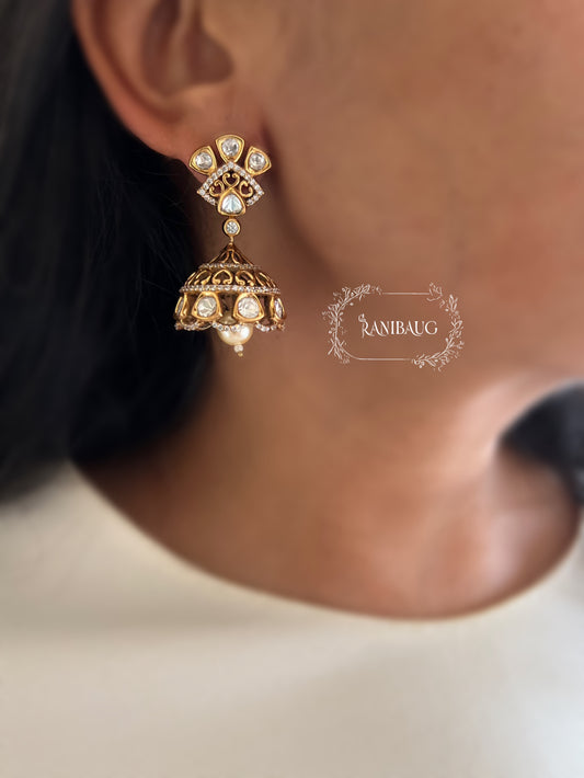 Mitali Minimal Gold Finish Polki Studded Jhumka Dangler Earrings By Ranibaug