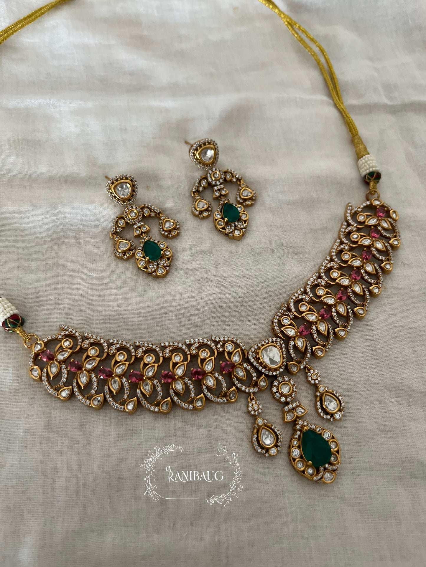 Mithila Gold Finish Polki Gemstone Gold Finish Zirconia Necklace Set By Ranibaug | The Wedding Collection 2026
