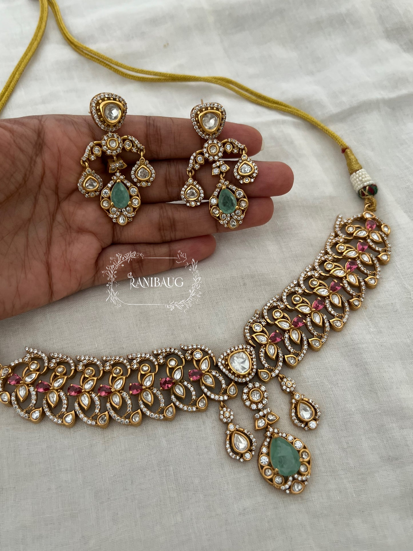 Mithila Gold Finish Polki Gemstone Gold Finish Zirconia Necklace Set By Ranibaug | The Wedding Collection 2026