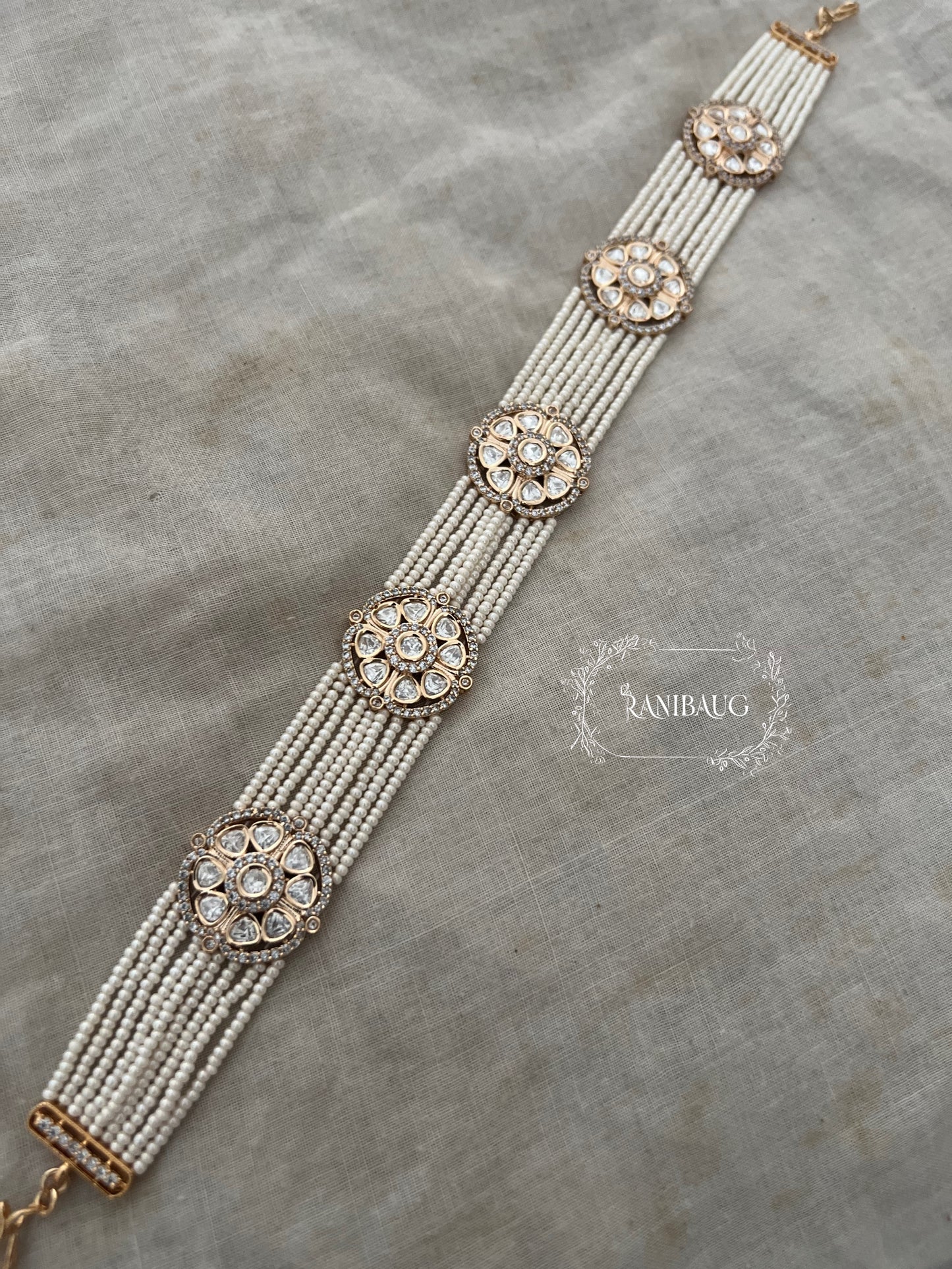 Mithila Gold Plated Polki Medallion Sheeshpatti With Multi-Strand Pearl Detailing By Ranibaug