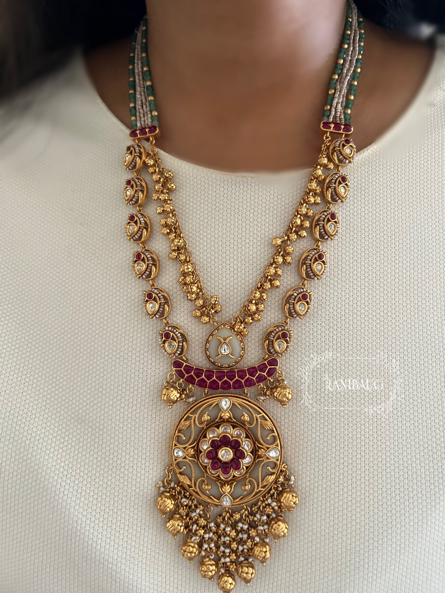 Mohini Gold Fringe Ruby Accent Long Heritage Necklace Set By Ranibaug