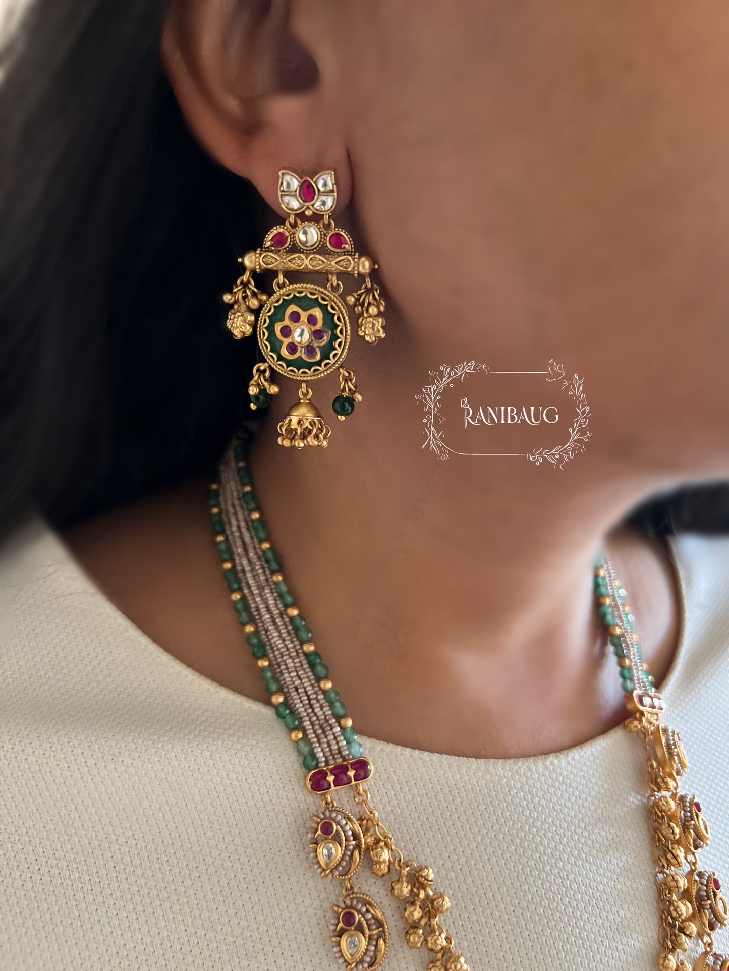 Mohini Gold Fringe Ruby Accent Long Heritage Necklace Set By Ranibaug