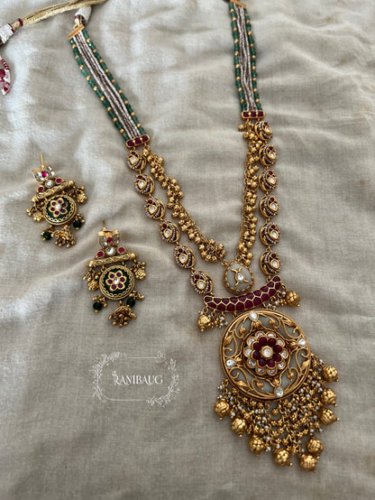 Mohini Gold Fringe Ruby Accent Long Heritage Necklace Set By Ranibaug