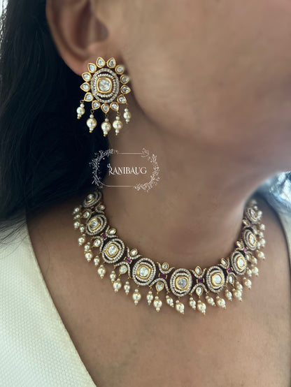 Mohini Premium Finish Victorian Look Mossainite Kundan Necklace By Ranibaug