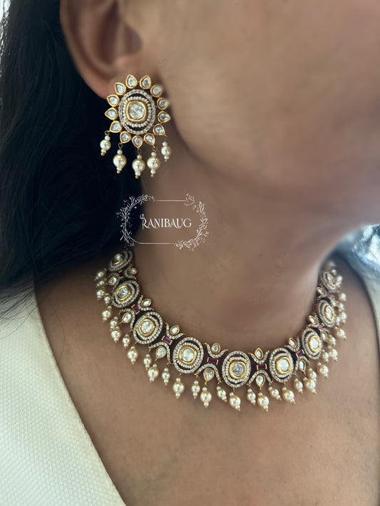 Mohini Premium Finish Victorian Look Mossainite Kundan Necklace By Ranibaug