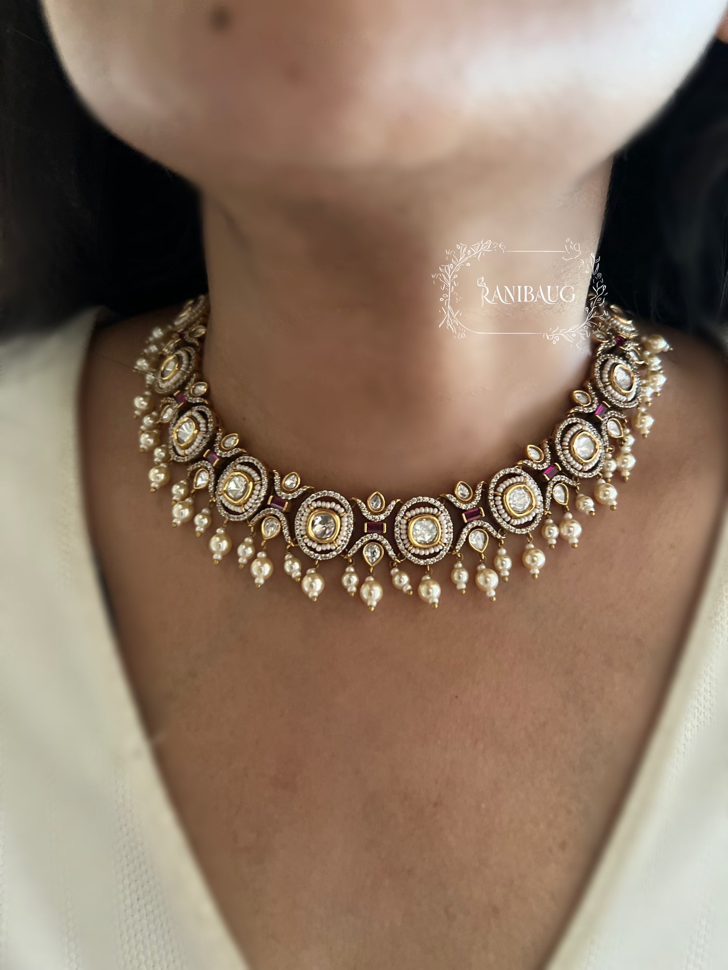 Mohini Premium Finish Victorian Look Mossainite Kundan Necklace By Ranibaug