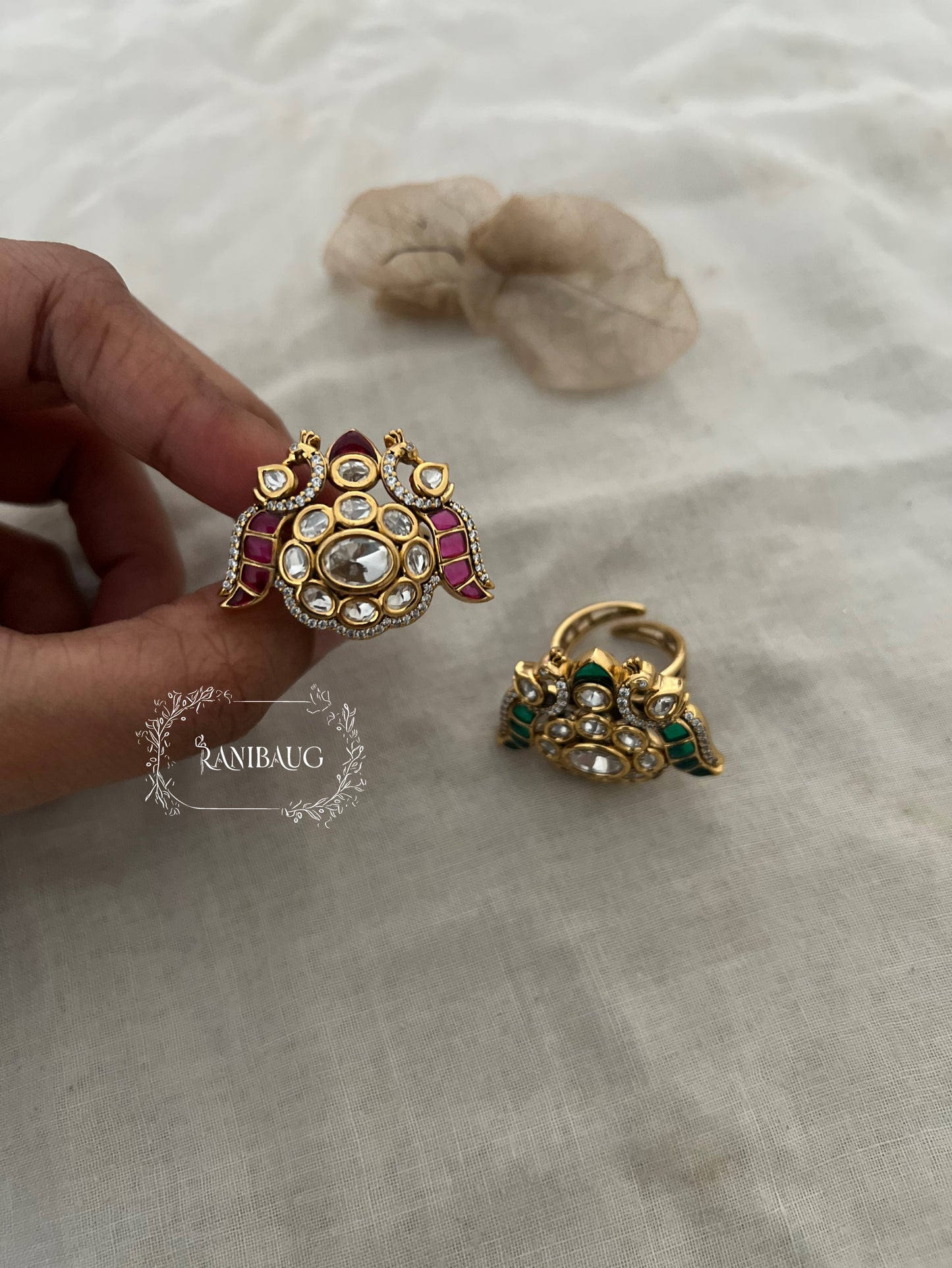 Mor Peacock Inspired Polki Kundan Traditional Finger Ring Jewelry By Ranibaug