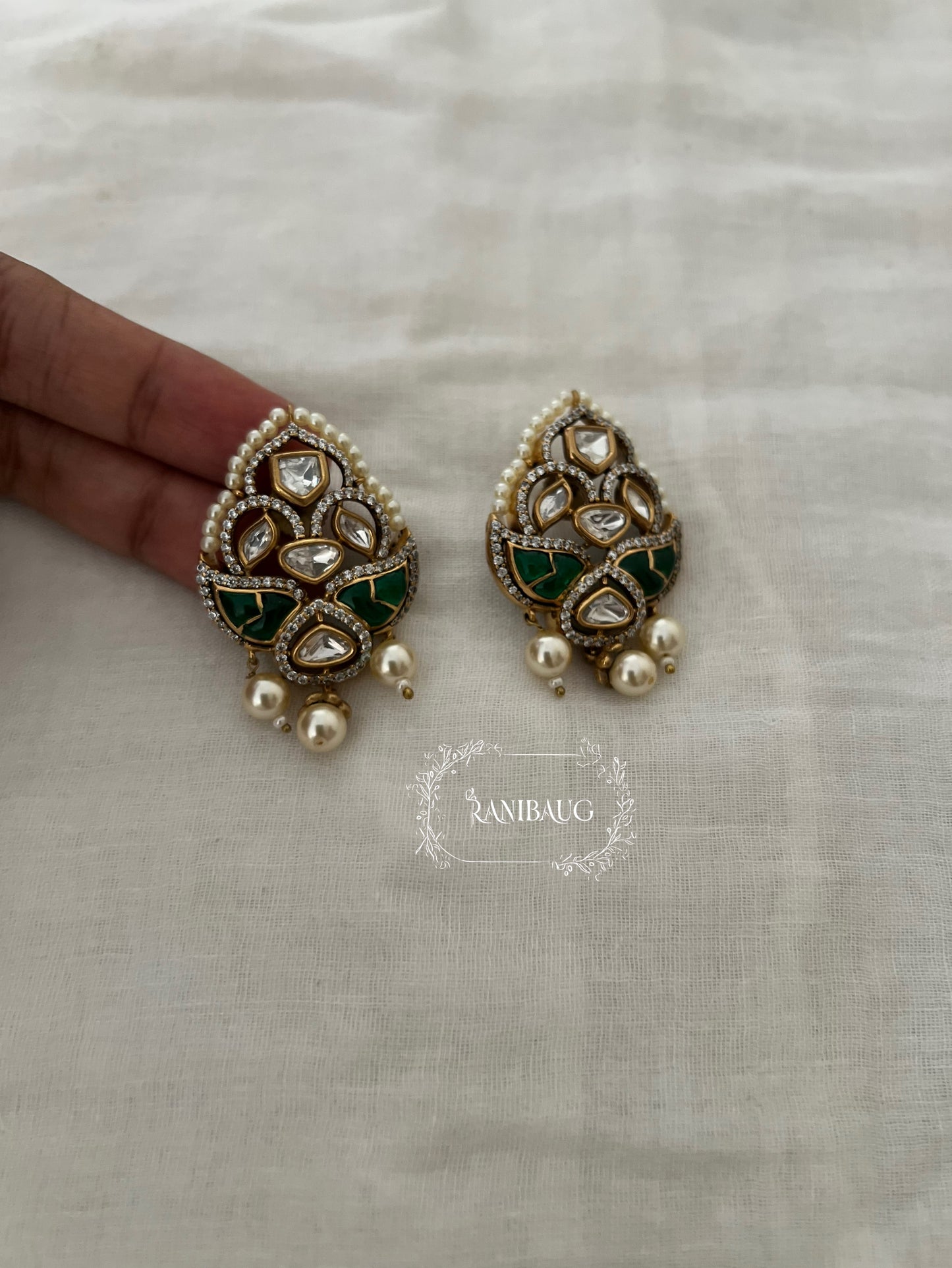 Mrinalini Polki Kundan Pearl Adorned Designer Ear Studs By Ranibaug