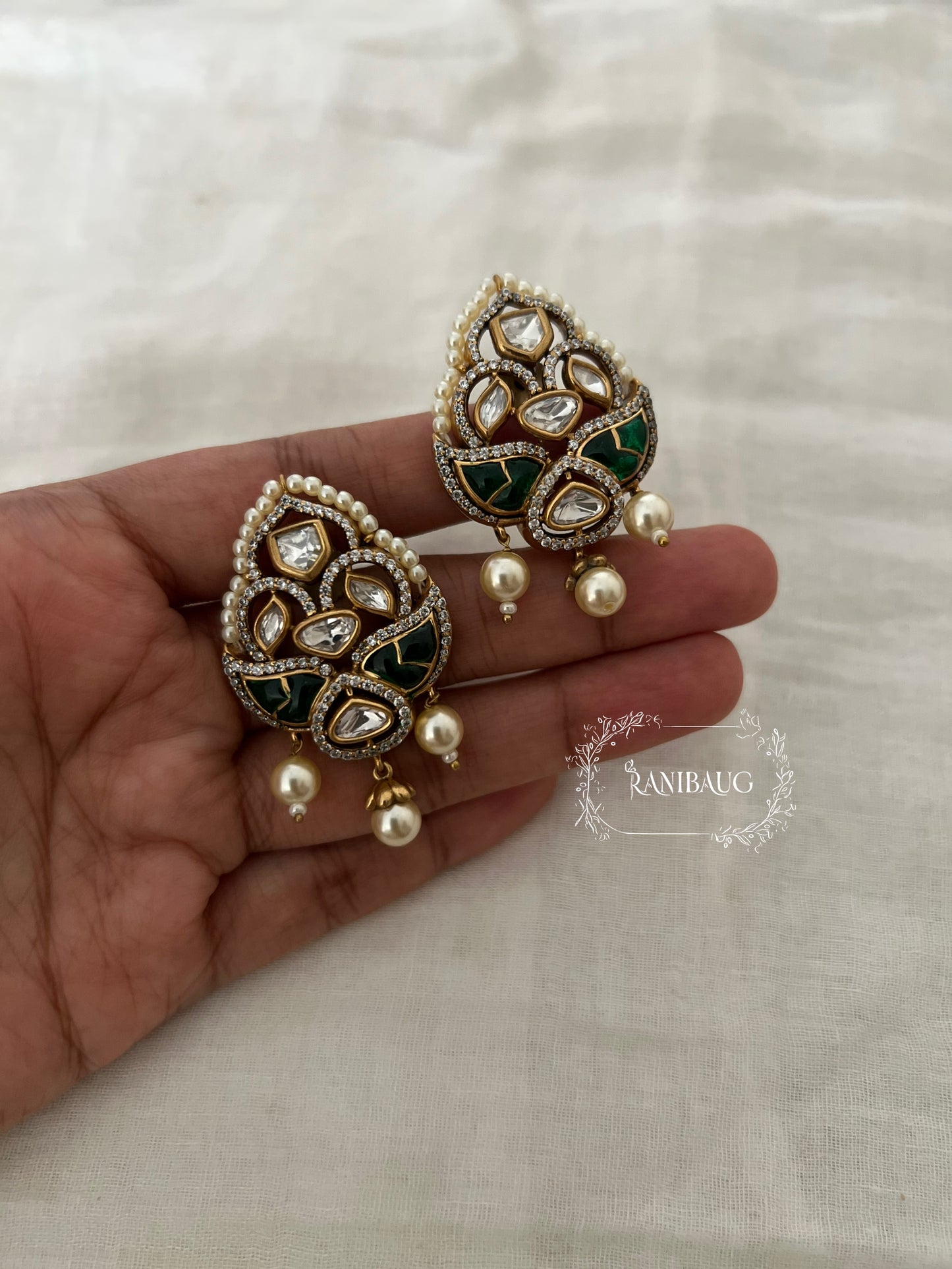 Mrinalini Polki Kundan Pearl Adorned Designer Ear Studs By Ranibaug