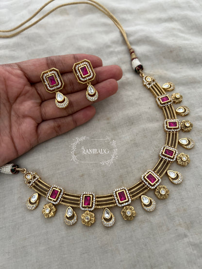 Mrinalini Ruby Polki Adorned Gold Finish Modern Heritage Necklace Set By Ranibaug