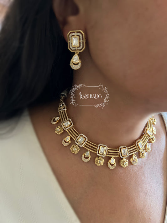 Mrinalini Ruby Polki Adorned Gold Finish Modern Heritage Necklace Set By Ranibaug