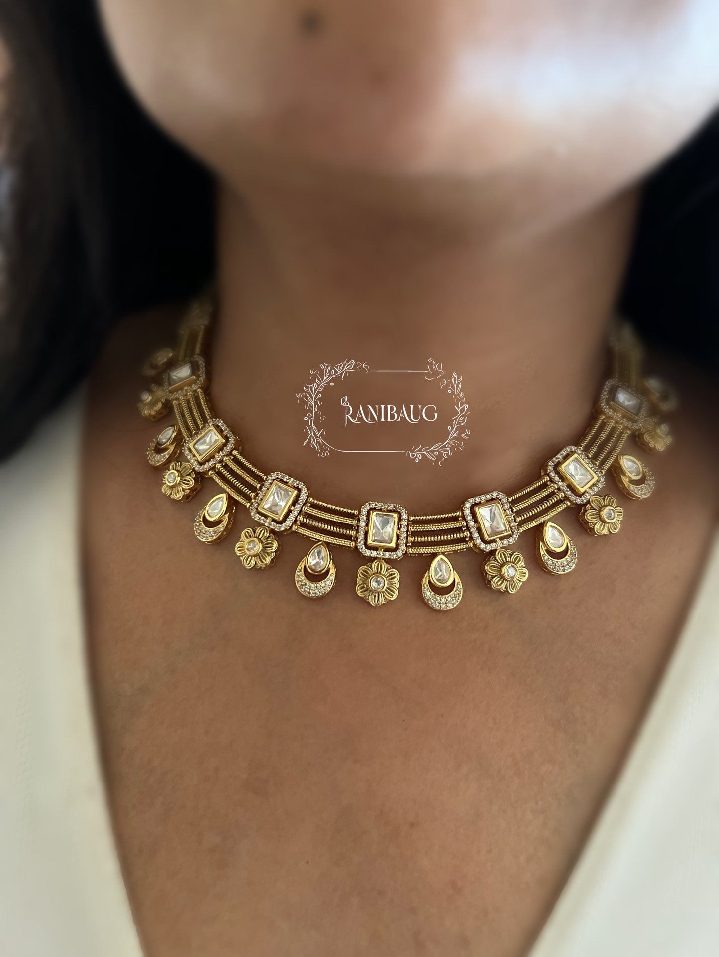 Mrinalini Ruby Polki Adorned Gold Finish Modern Heritage Necklace Set By Ranibaug