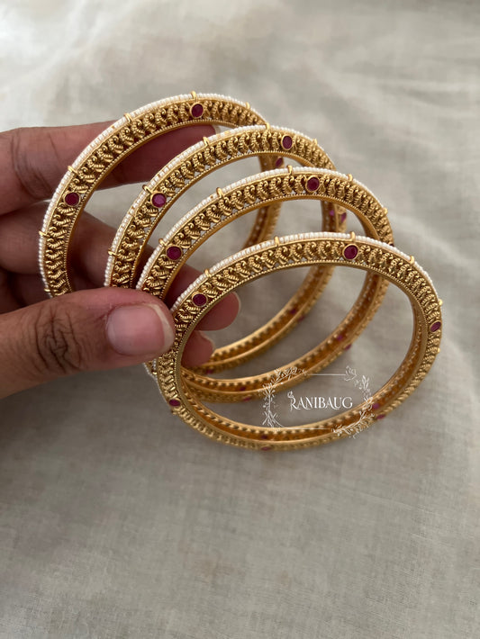 Mudra Ranibaug Heritage Pearl Edged Ruby Gold Bangles (Set Of 4)