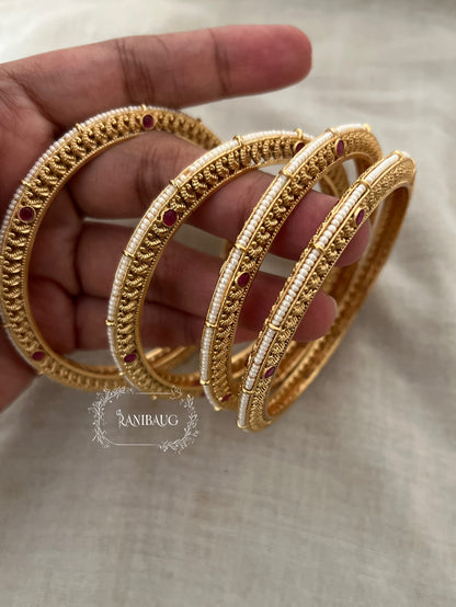 Mudra Ranibaug Heritage Pearl Edged Ruby Gold Bangles (Set Of 4)