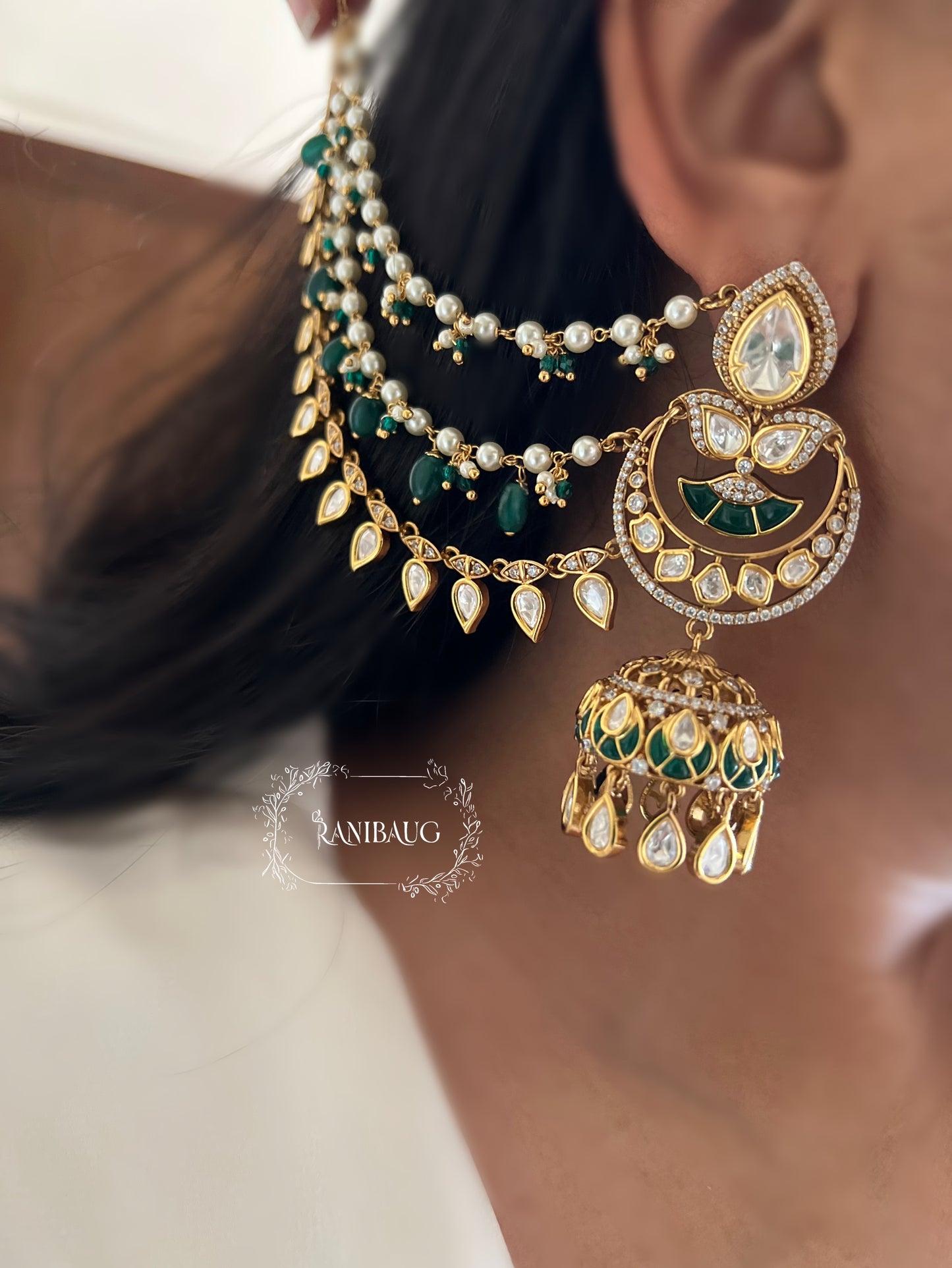 Mughda Gold Plated Kundan Studded Chandbali Jhumka With Hair Chain By Ranibaug | Prettiest Wedding Jewelry Collection 2026