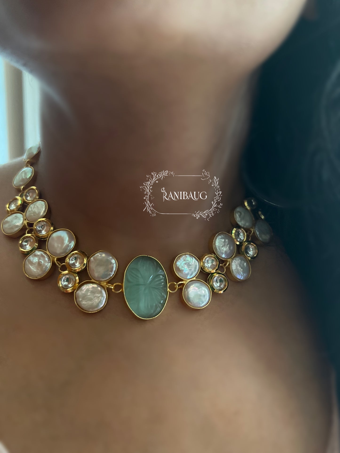 Mukta Baroque Pearls Agate And Polki Studded Semi Precious Necklace In Rich Gold Finish By Ranibaug | Semi Precious Jewellery Collection 2026