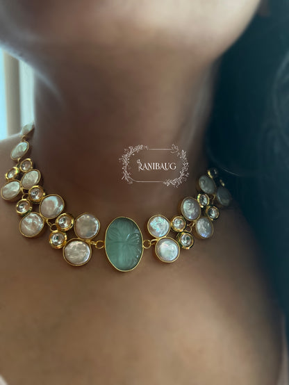 Mukta Baroque Pearls Agate And Polki Studded Semi Precious Necklace In Rich Gold Finish By Ranibaug | Semi Precious Jewellery Collection 2026